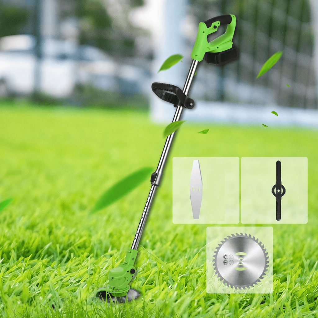 Trimmer de iarbă verde cu acumulator pe gazon, lângă cele trei lame